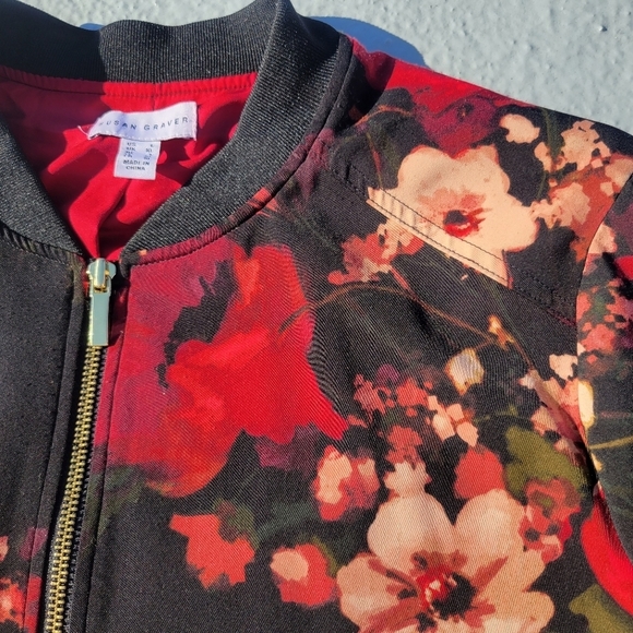 Susan Graver Womens Floral Liquid Knit Jacket Size L Black Red Full Zip Pockets - Picture 5 of 11